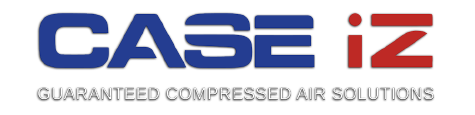 Logo of case with the text "guaranteed compressed air solutions," featuring blue and red lettering.