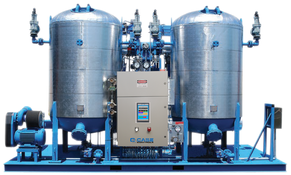 Industrial water filtration system with twin vertical tanks and a central control unit on a blue background.